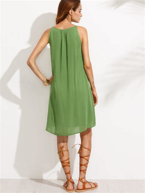 Green Sleeveless Embroidered Tassel Shift Dress Shein Sheinside
