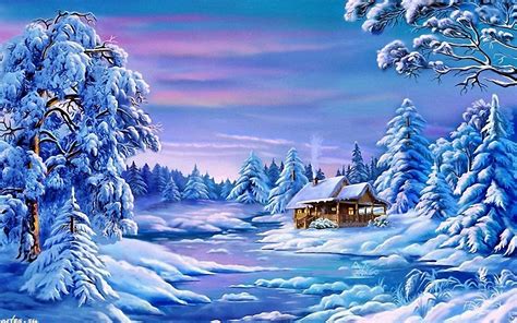 Landscape Winter Frozen River House Trees With Snow