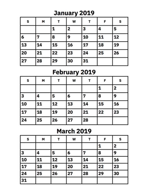 January February And March 2019 Calendar Printable Calendar 2019