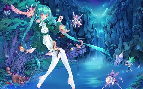 Blue Hair Anime Girl Fairies Waterfall Light Fantasy Wallpaper Anime Wallpaper Better