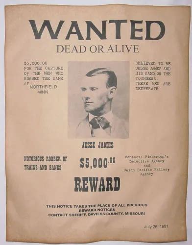 Set Of 5 Old West Wanted Posters Outlaw Western Wild Bunch Jesse James