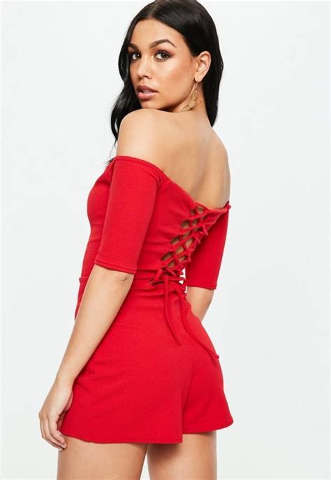Red Romper With Bardot Neck Lace Up Back And Short Sleeves Red Lace Rompers Women Romper Dress