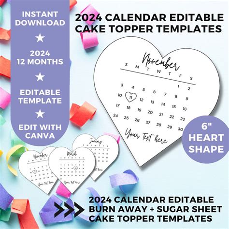 Burn Away Cake Topper Calendar Template 6 Custom Heart Cake Topper