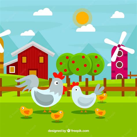Free Vector Colorful Background Of Chickens On A Farm