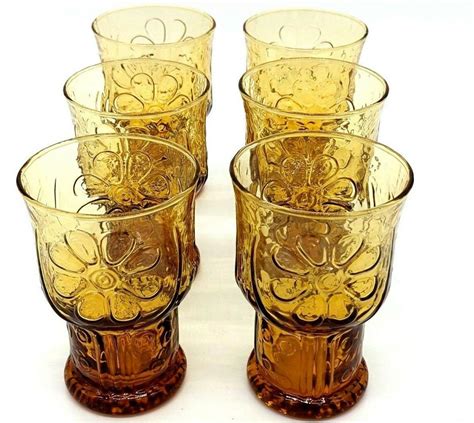 Vintage Libbey Amber Country Garden Daisy Flower Juice Glasses Set Of 6