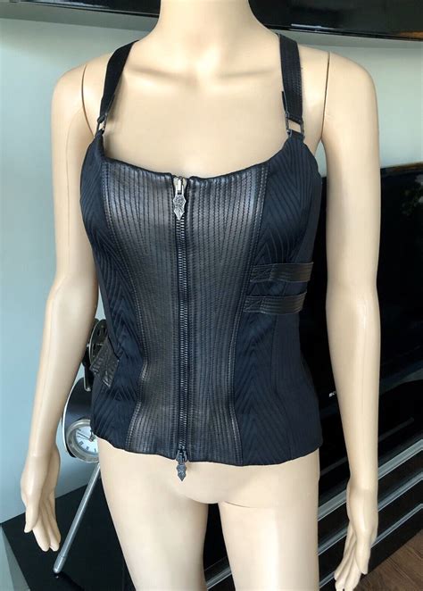 versace vintage runway leather black bondage corset t… gem
