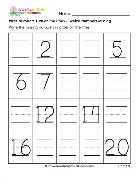Kindergarten Writing Numbers 1-20 Worksheets