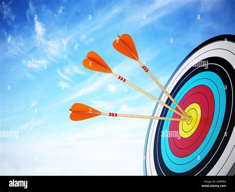 Three Arrows Hit At The Center Of The Target 3d Illustration Stock