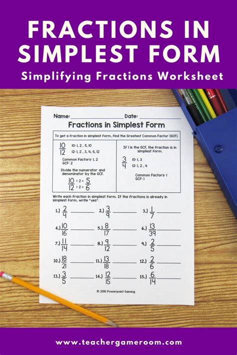 Fractions In Simplest Form Gcf Worksheet In 2022 Elementary Math