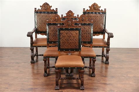 Spanish Colonial Carved Vintage Set Of 6 Leather Dining Chairs Marco
