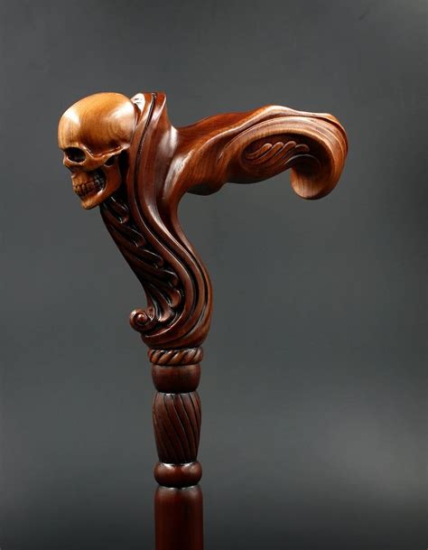 Skull Cane Wooden Walking Stick Ergonomic Palm Grip Handle Wood Carved
