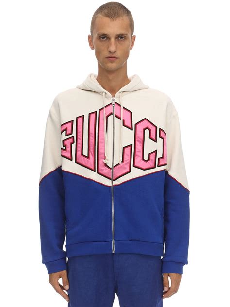 Gucci Logo Zip Up Cotton Sweatshirt Hoodie In Whitepinkblue Blue