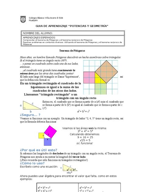 Guia De Aprendizaje Teorema De Pitágoras