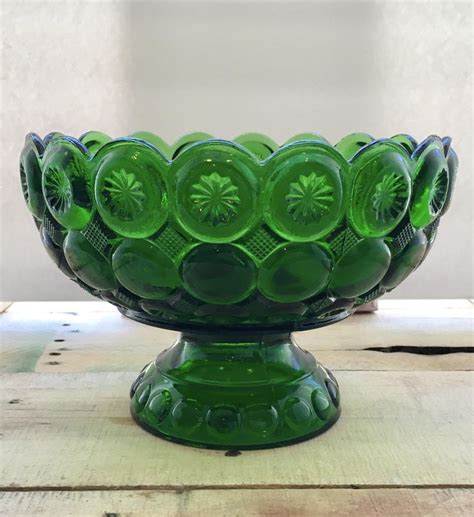 Kemple Glass Co Moon And Stars Pedestal Bowl Etsy Vintage Green