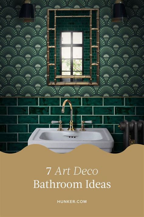 A Bathroom With Green Tiles And Gold Fixtures The Words 7 Art Deco