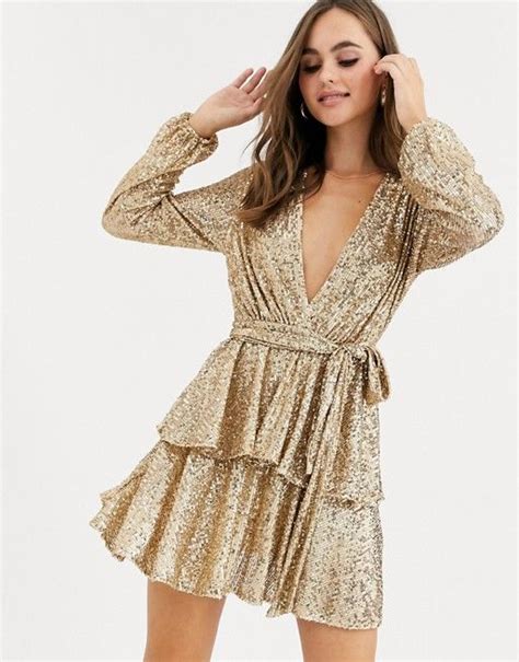 John Zack Sequin Plunge Front Skater Dress In Contrast In Gold Asos Asos Dress Gold Sequin