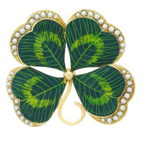 1890s Art Nouveau Four Leaf Clover Brooch Gold Enamel Pearls