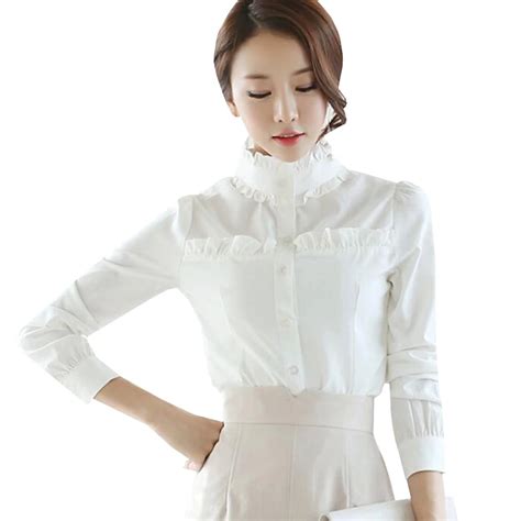 new autumn elegant white blouse women tops casual office ol blouses stand collar long sleeve