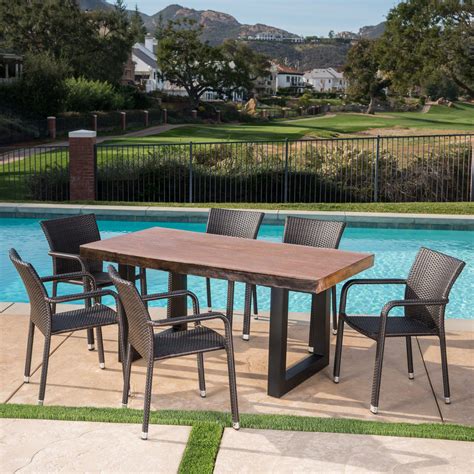 Zendaya Outdoor 7 Piece Wicker Dining Set With Light Weight Concrete