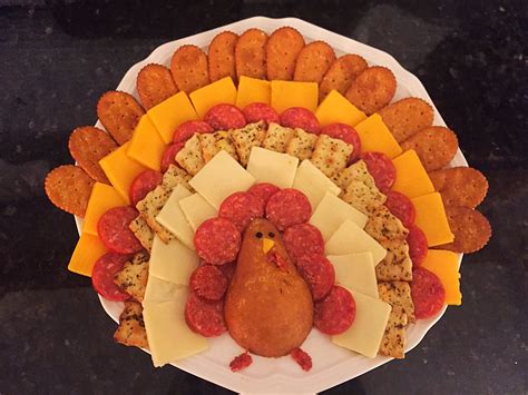 Thanksgiving Turkey Shaped Cheese Crackers And Pepperoni Platter