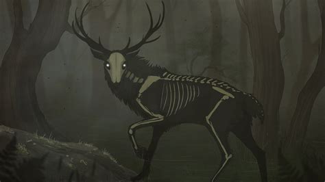 Creepy Creature Deer Skeleton Bones Skull Animals Glowing Eyes Trees