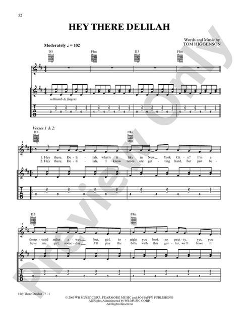 Hey There Delilah Guitar Plain White Ts Digital Sheet Music Download