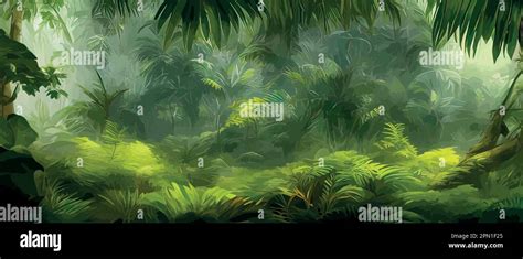 Banner Beautiful Rainforest Jungle Landscape With Lush Foliage In Green