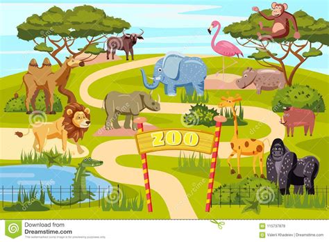 Zoo Entrance Gates Cartoon Poster With Elephant Giraffe Lion Safari