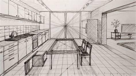 Draw Kitchen In One Point Perspective Kitchen Sketch Youtube