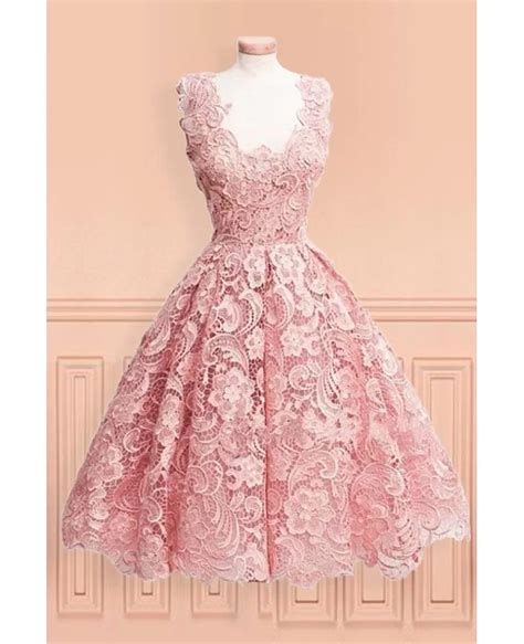 Buy Pink Lace Tea Length Dress In Stock