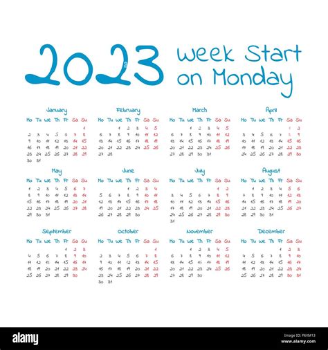 Simple 2023 Year Calendar Week Starts On Monday Stock Vector Image