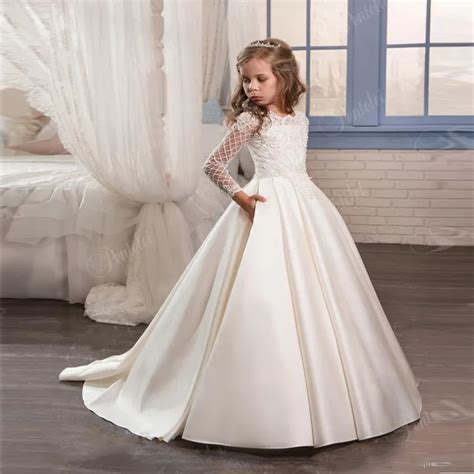 First Communion Dress Long Sleeves Pockets Appliques Satin Ivory Flower