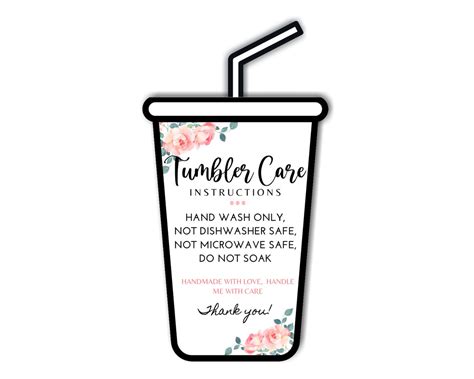 Tumbler Care Card Ready To Print Digital Files Printable Cup Etsy