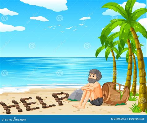 A Man On Deserted Island Isolated Stock Vector Illustration Of People