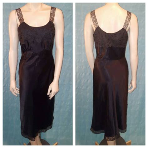 Vintage Black Satin Lace Slip 1960s 1950s Pinup Sexy Womens