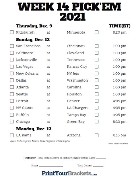 Nfl Week 14 Printable Schedule