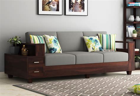 Add or subtract footstools, backrests. Buy Solace 3 Seater Wooden Sofa (Walnut Finish) Online in ...