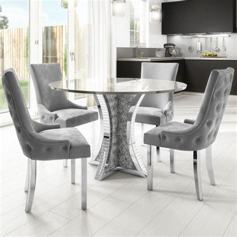 Round Mirrored Glass Top Dining Table With 4 Dining Chairs In Grey Velvet Buyitdirect Ie