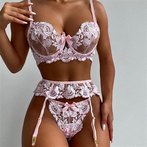 Women Underwear Sex Lace Langery Sexy Women Floral Embroidered Mesh Lingerie Set China