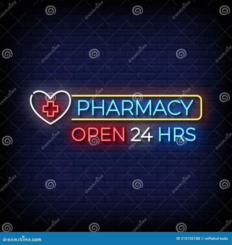 Pharmacy Open 24 Hours Neon Sign on Brick Wall Background Stock Vector