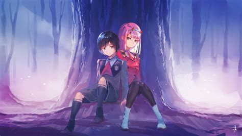 Darling In The Franxx Zero Two Hiro Sitting In Front Of Tree With Shallow Background Of Trees Hd