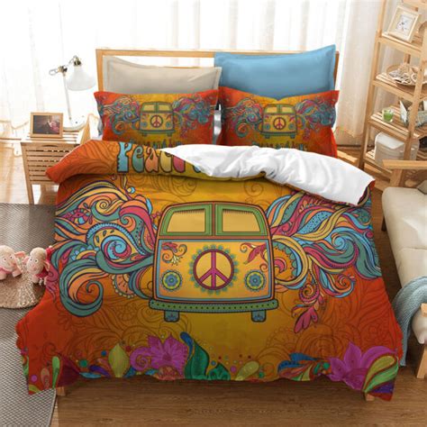 3d Floral Hippie Peace Car Bedding Duvet Cover Pillowcase Comforter