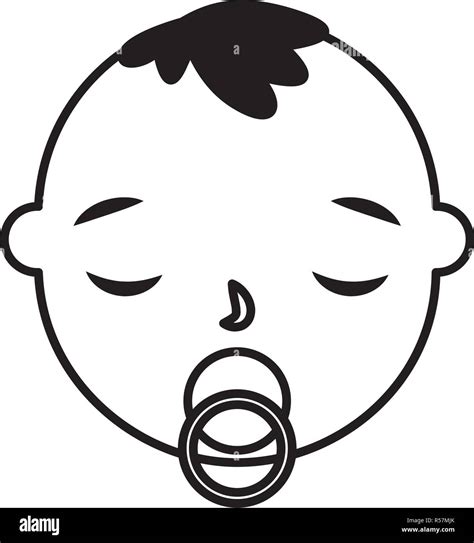 Cute Baby Boy Face With Pacifier Vector Illustration Monochrome Stock
