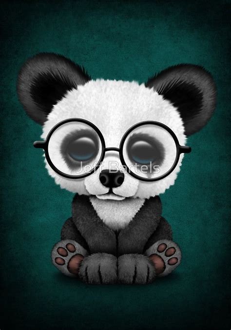 Cute Panda Bear Cub With Eye Glasses On Teal Blue Jeff Bartels Pandas