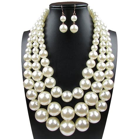 Faux Big White Pearl 3 Layer Chunky Necklace And Earring