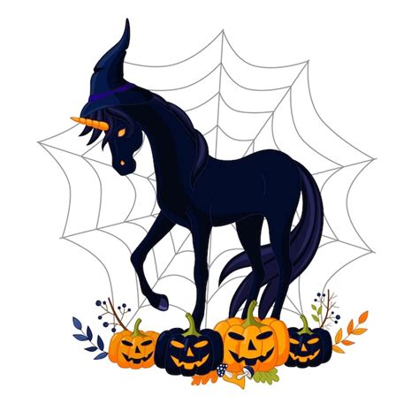 Premium Vector A Black Unicorn With Halloween Scary Pumpkins On A