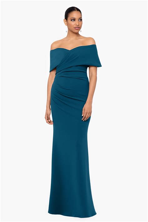 Tanya Long Off The Shoulder Scuba Crepe Dress - Azure / 12 | Crepe
