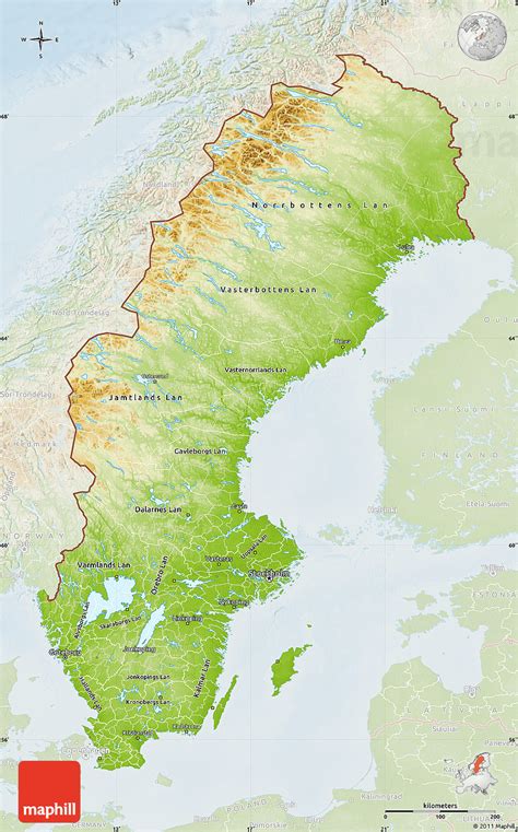 La cartina geografica dell'asia fisica e politica. Physical Map of Sweden, lighten