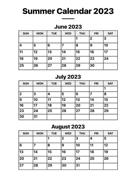 Free Printable Summer Calendar 2023
