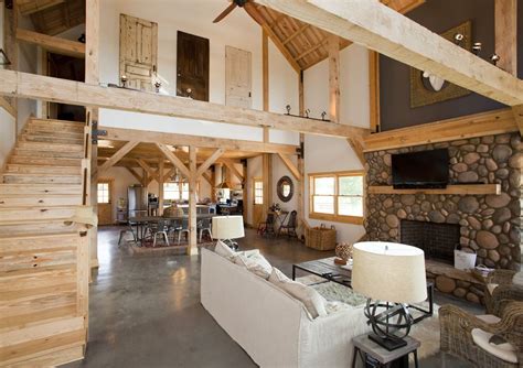 Open Floor Plan In A Barn Home With Loft Living Space Wood Post